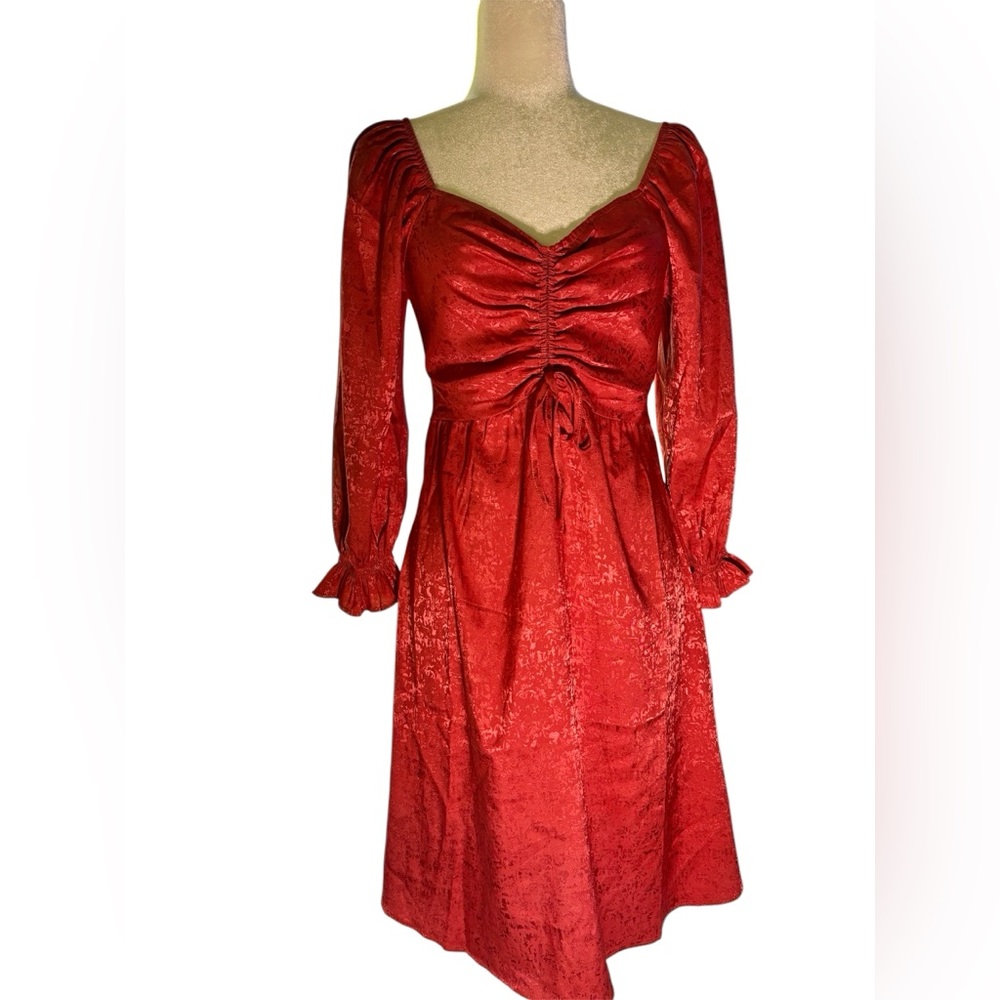 Chenault Red Satin Ruched Dress | Romantic Long Sleeve Sweetheart Neck Mini